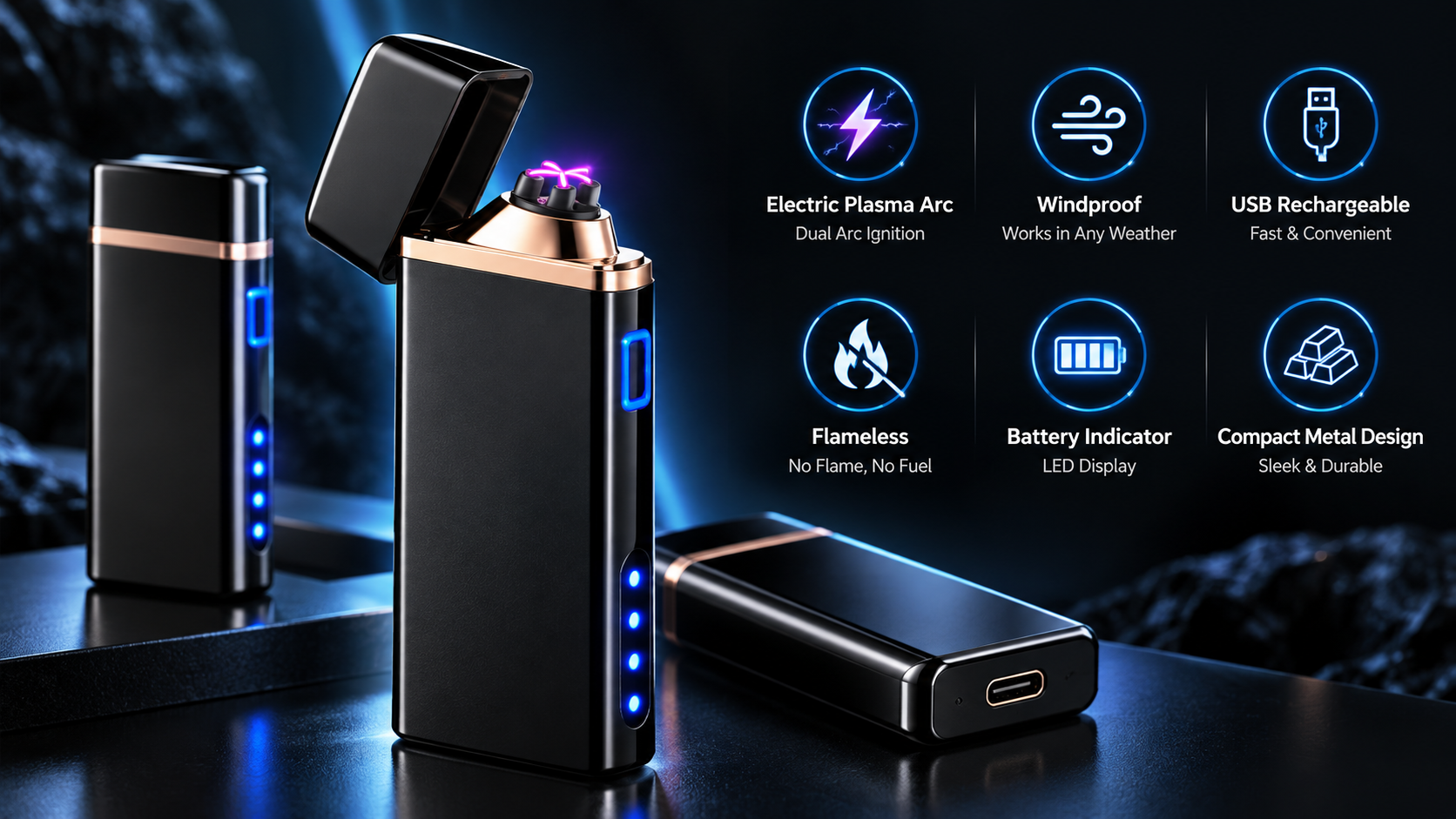 Electric windproof lighter features: dual arc, windproof, USB rechargeable, flameless, battery display