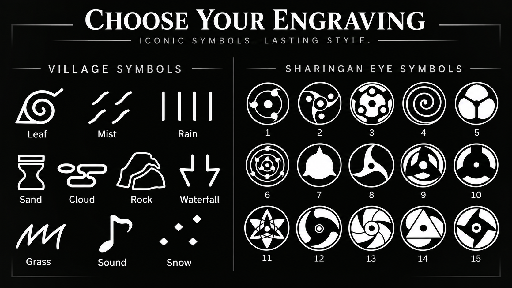 Naruto Electric Lighter engraving options: village symbols and eye symbols