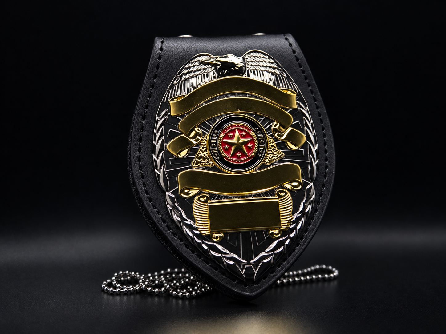 Engraved police badge with red logo