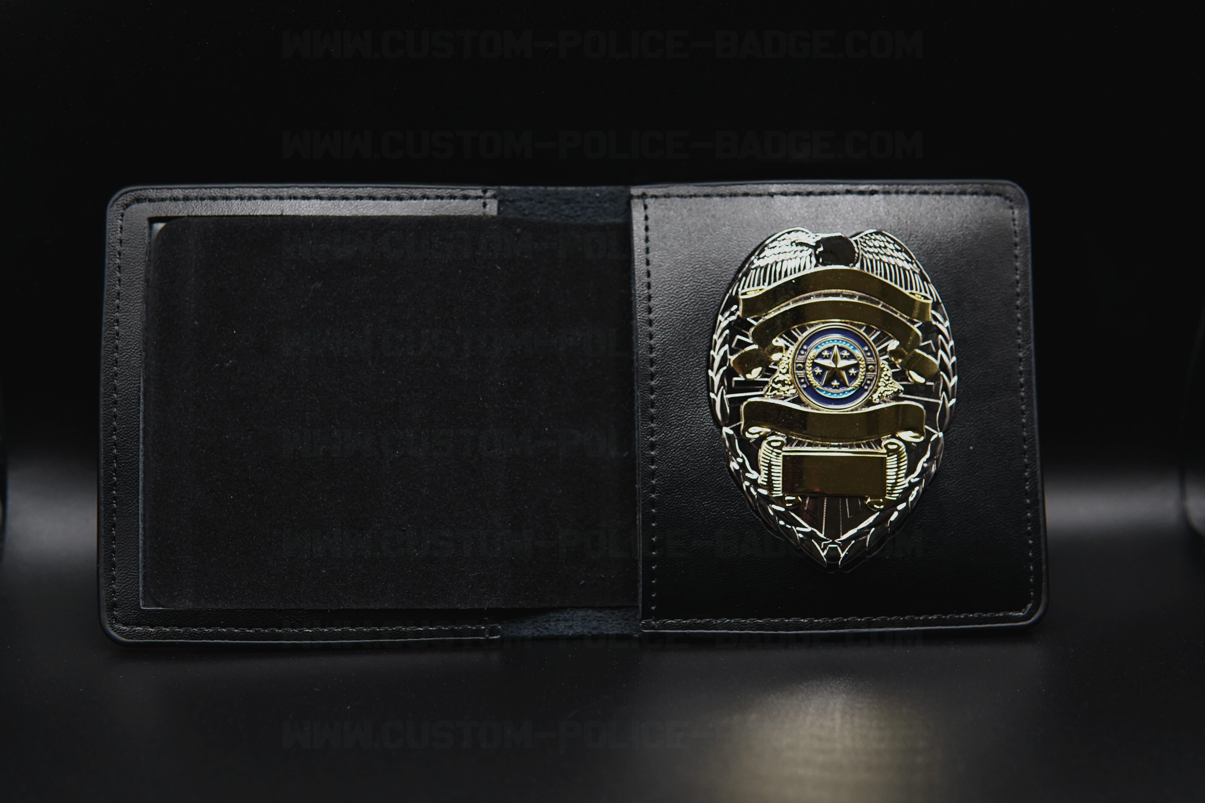 Open leather badge wallet with engraved police badge